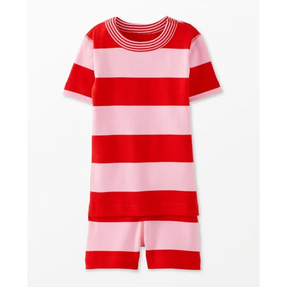 Hanna Andersson Contrast Striped Short John Pajama Set Poppy/Fondant Pink US 8